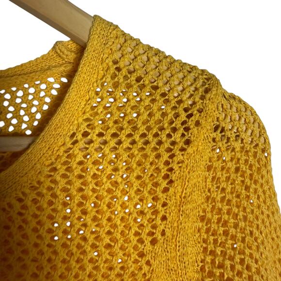 Chico’s 3/4 Sleeve Yellow Crochet Open Knit Crewneck Pullover Sweater Size 4 - Picture 2 of 6